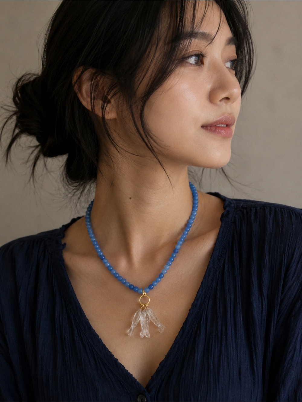 MayaMar Blue Beaded Necklace with Clear Fish Charm Trio